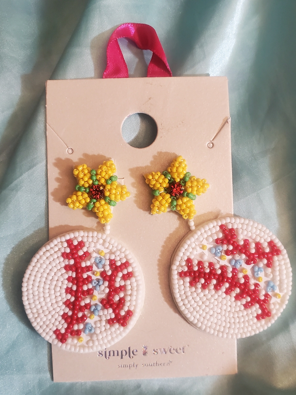 Beaded Baseball Stitch Dangle Earrings with Yellow Flower Studs